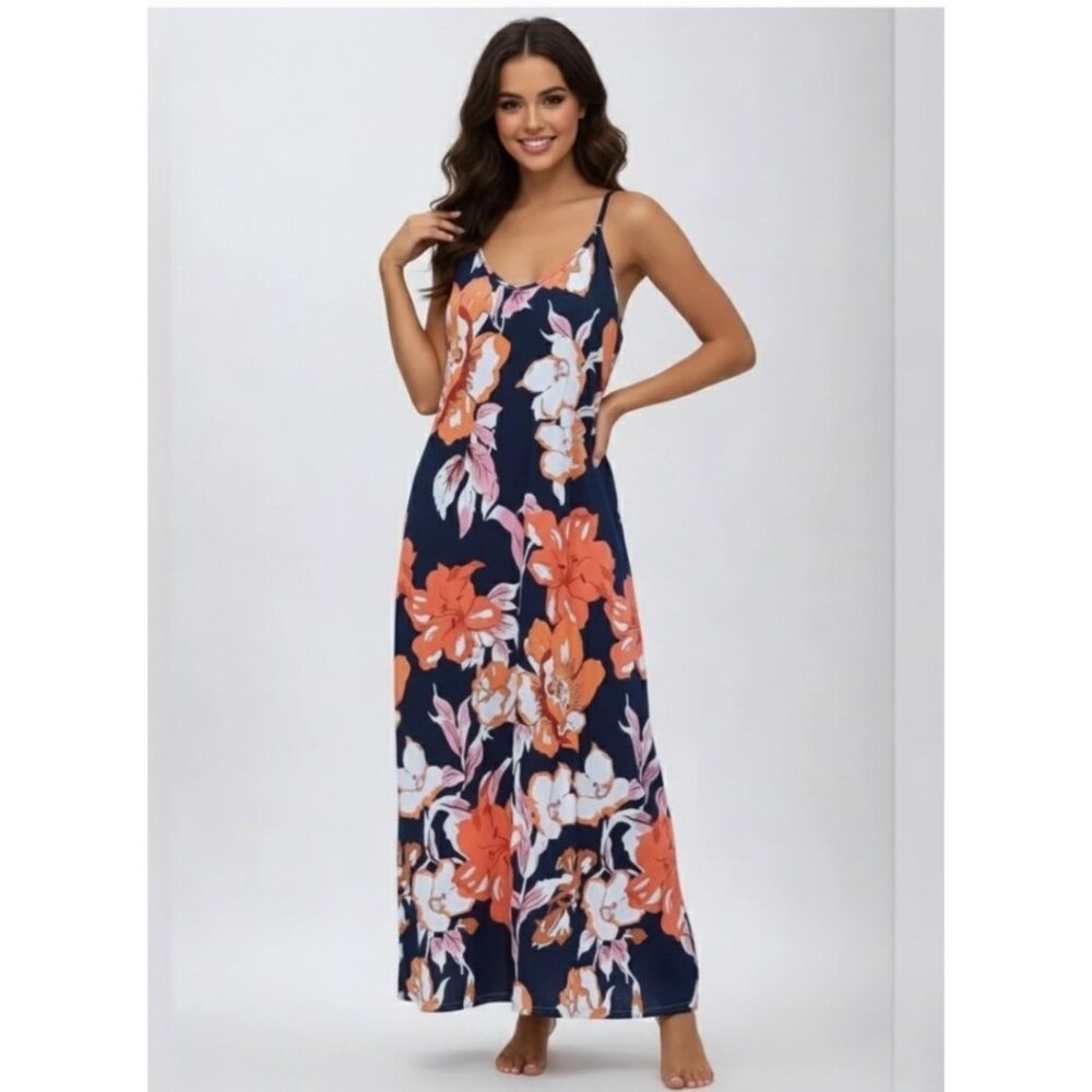 Blue Floral Print Cami Dress With Pockets